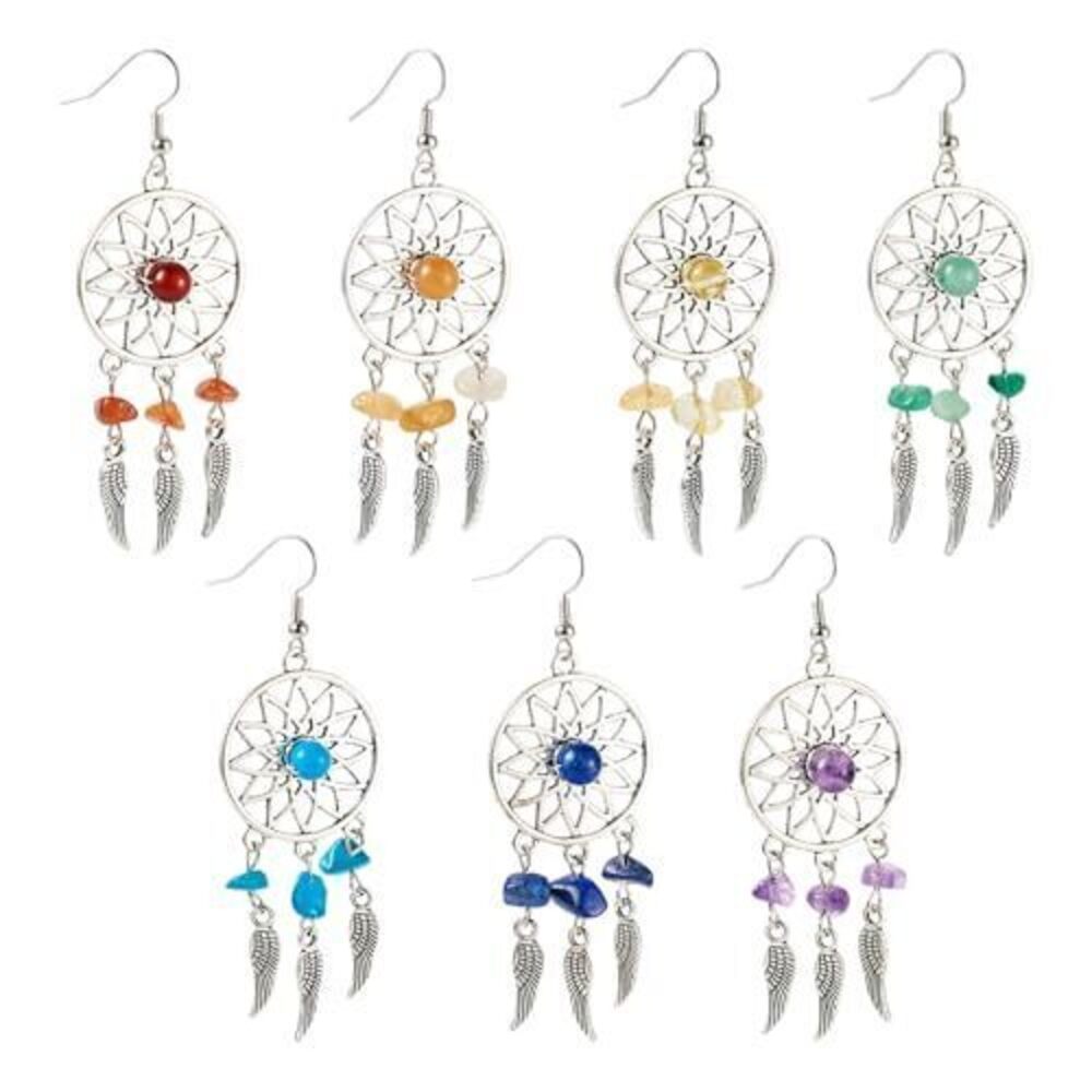 9406 7 Pairs Dream Catcher Feather Earrings Bohemian Western Gemstone Long